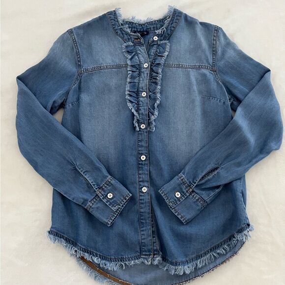 Splendid Ruffle Front Button Down Chambray Denim Shirt, Size XS NWOT - Picture 9 of 13